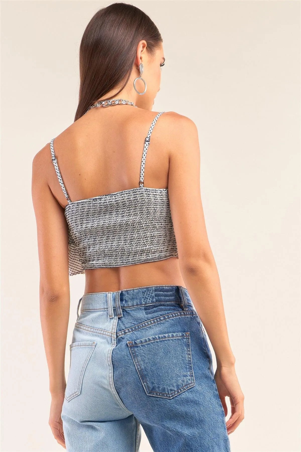 White & Navy Polka Dot V-Neck Layered Crop Cami with Smocked Back
