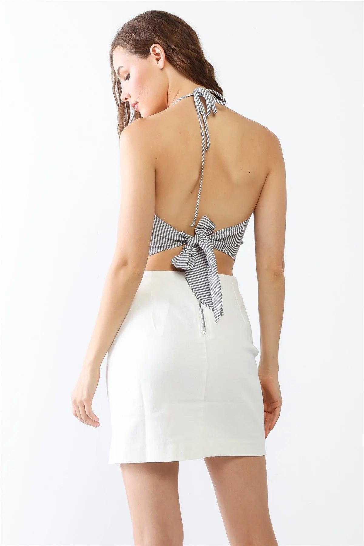 Striped Sleeveless V-Neck Self-Tie Crop Top