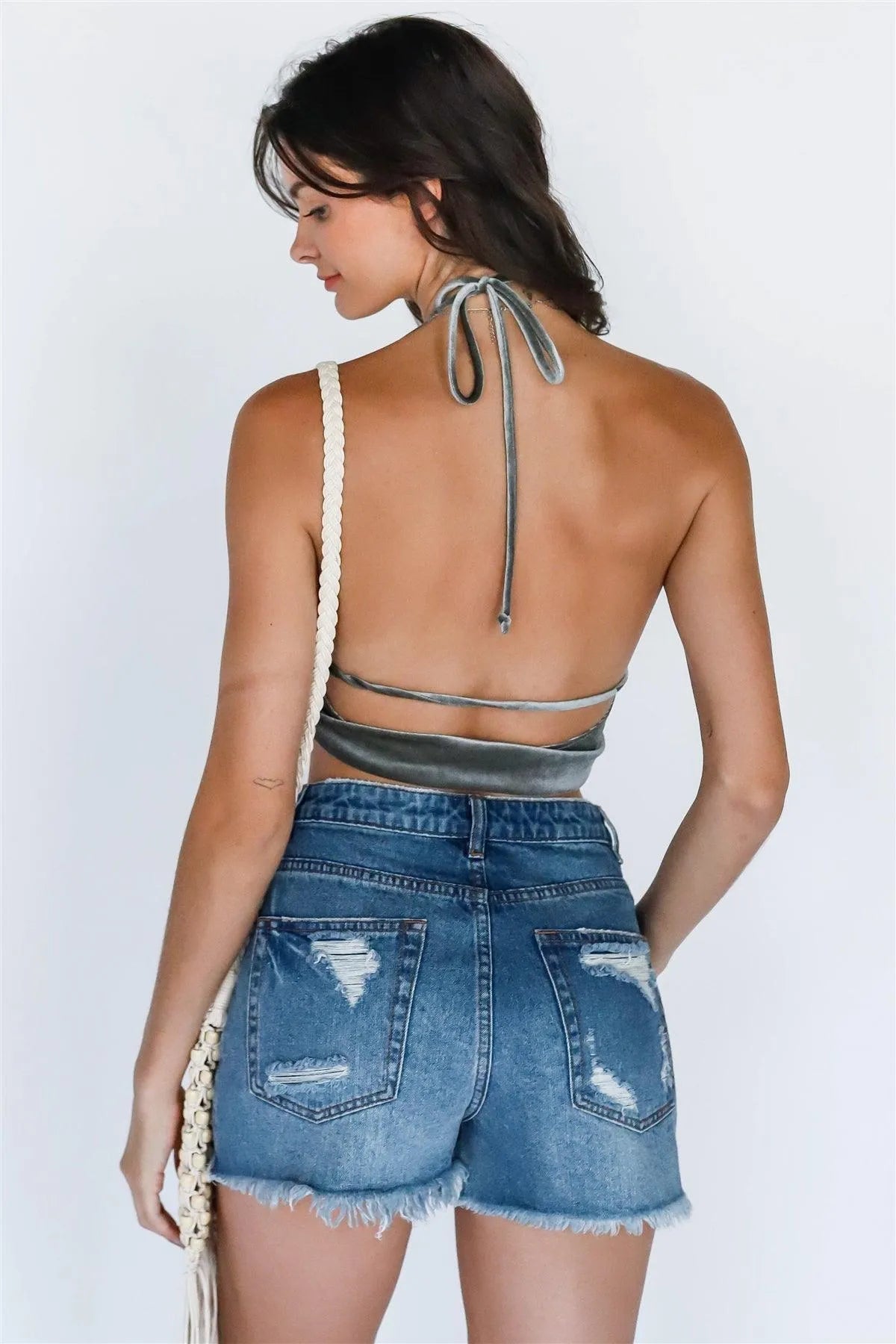Olive Velvet Wrap Sleeveless Adjustable Strap Crop Blouse