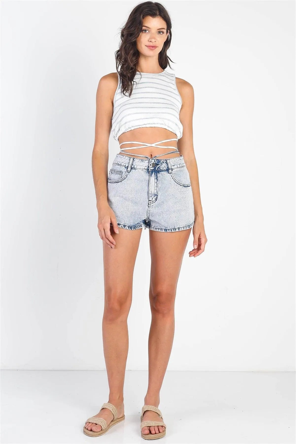 White & Light Blue Striped Self-Tie Sleeveless Crop Top