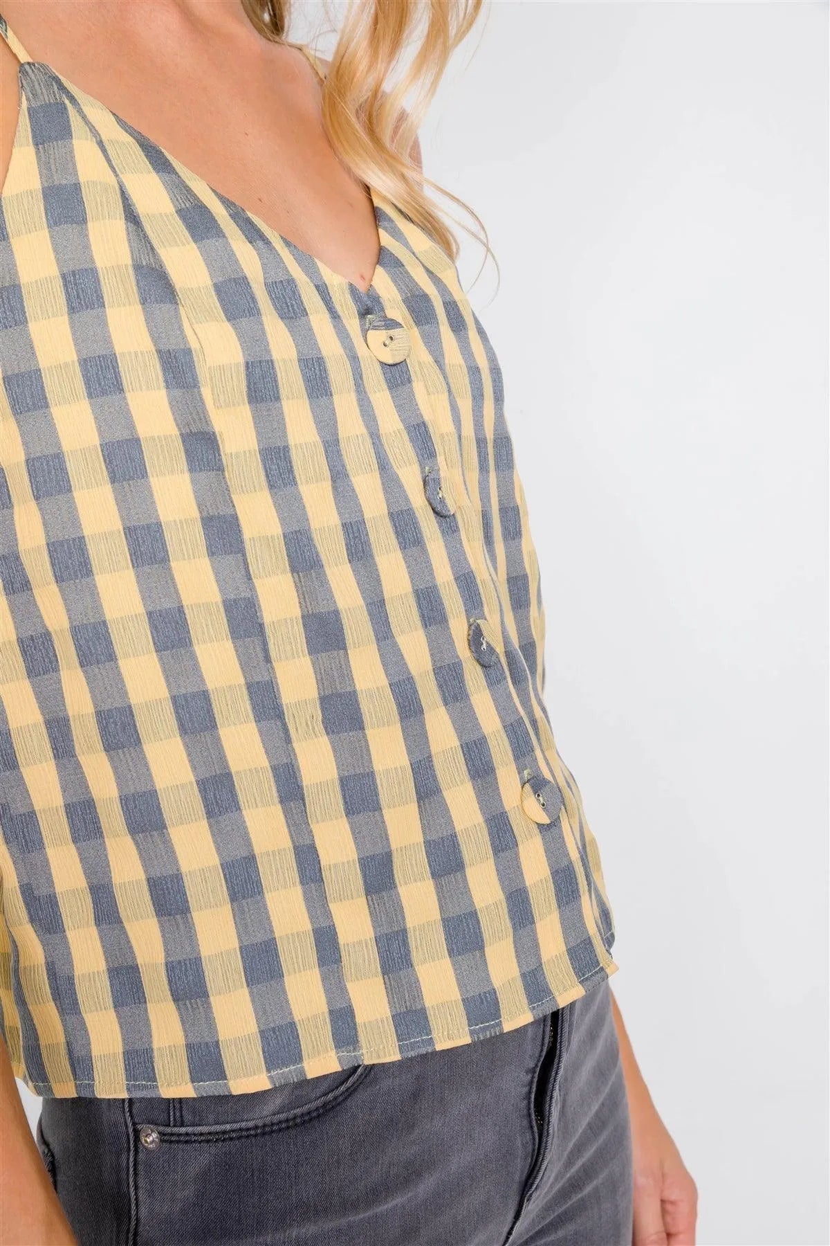 Yellow & Grey Plaid V-Neck Crop Cami with Button-Down Front