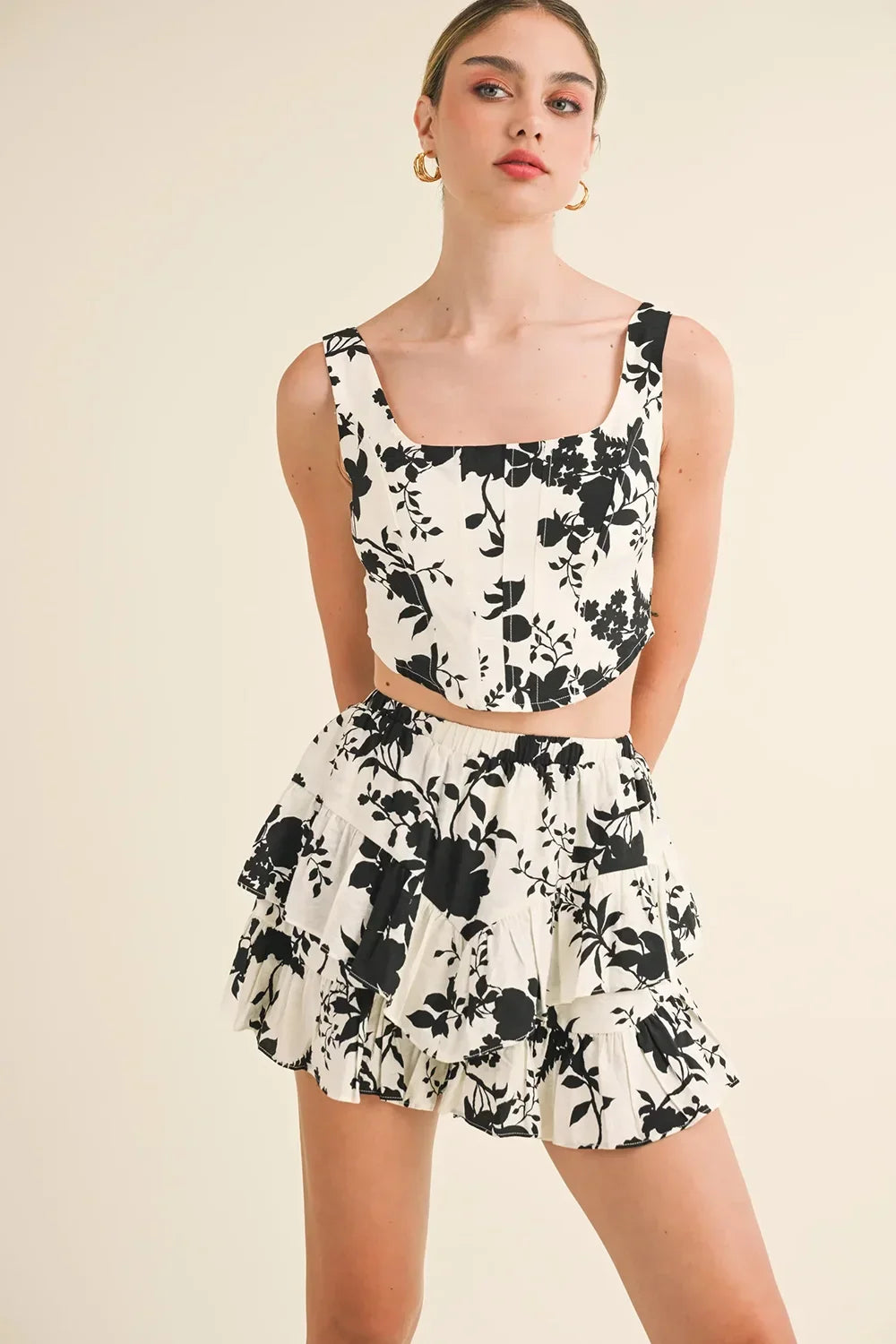 Black Floral Print Smocked Square Neck Crop Top