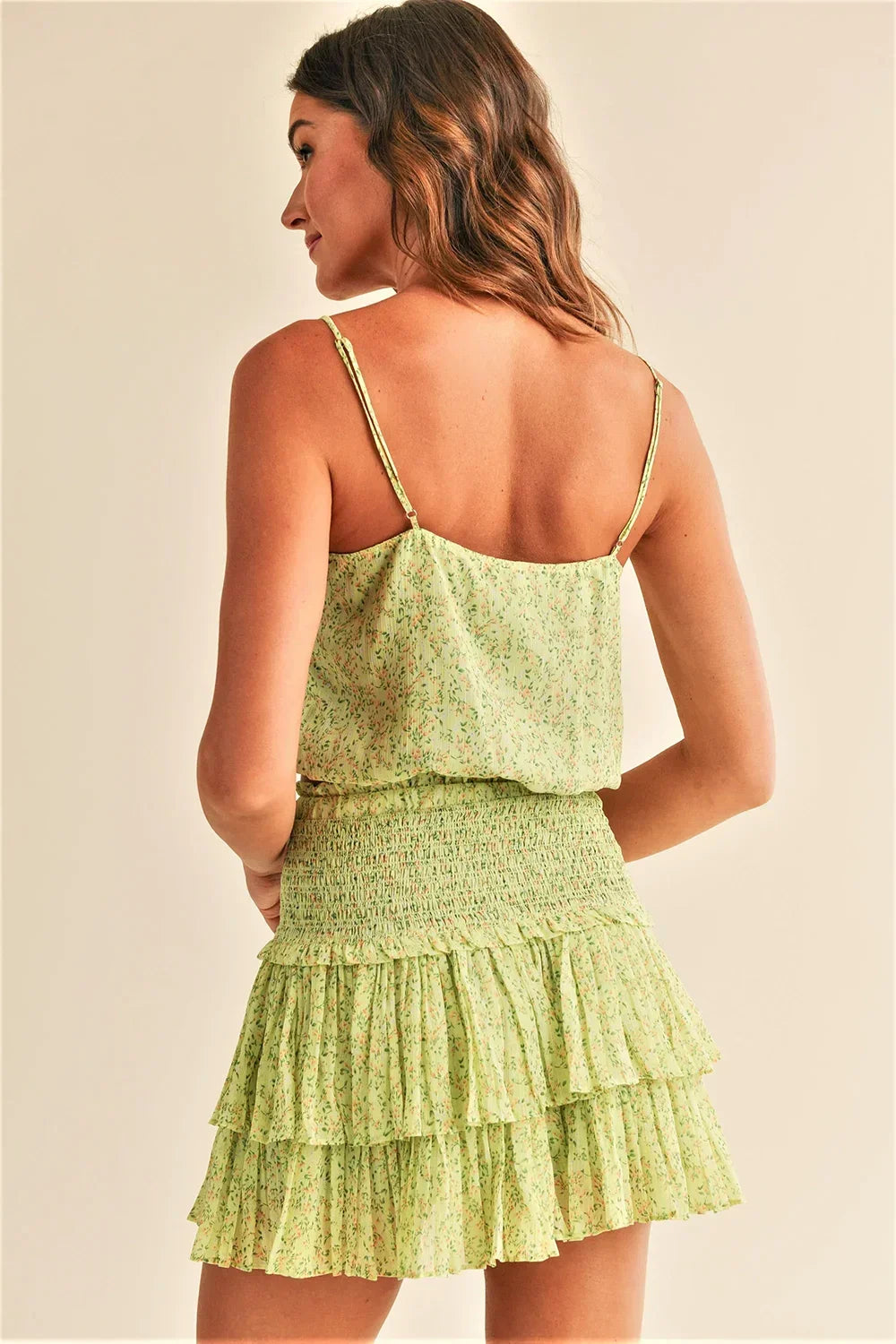 Green Floral Print Spaghetti Strap Crop Top & Tiered Mini Skirt Set