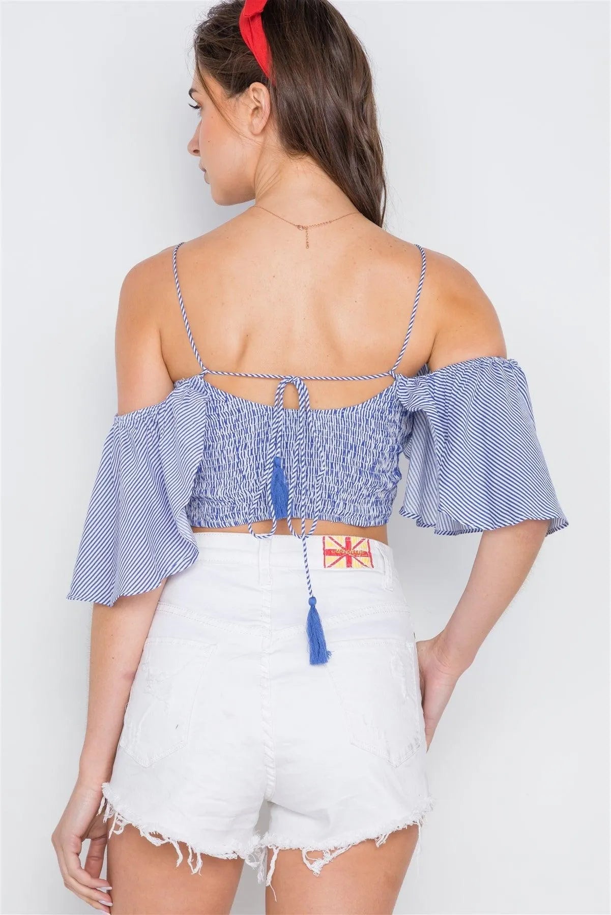 Blue Smocked Off-Shoulder Crop Top