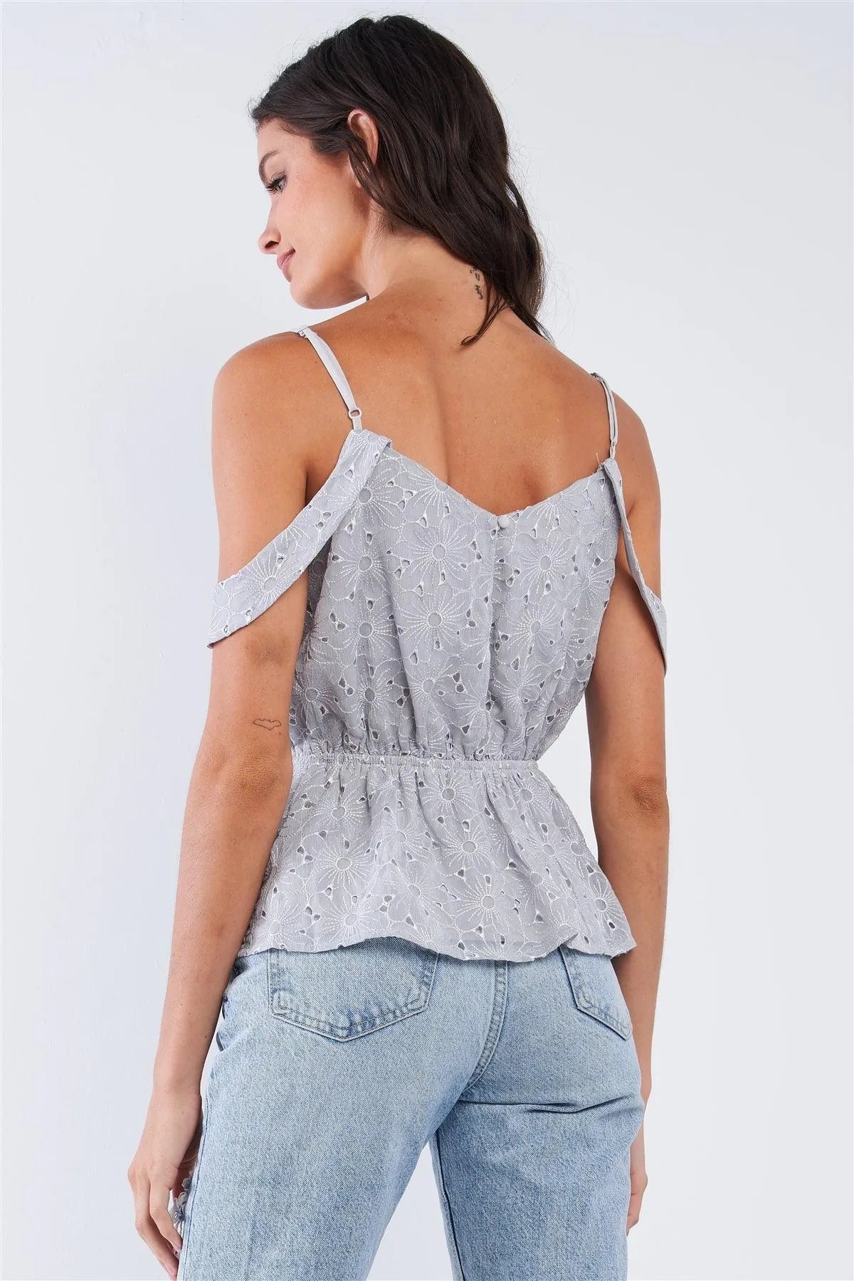 Dusty Blue Floral Crochet V-Neck Front Wrap Top with Adjustable Off-Shoulder Straps
