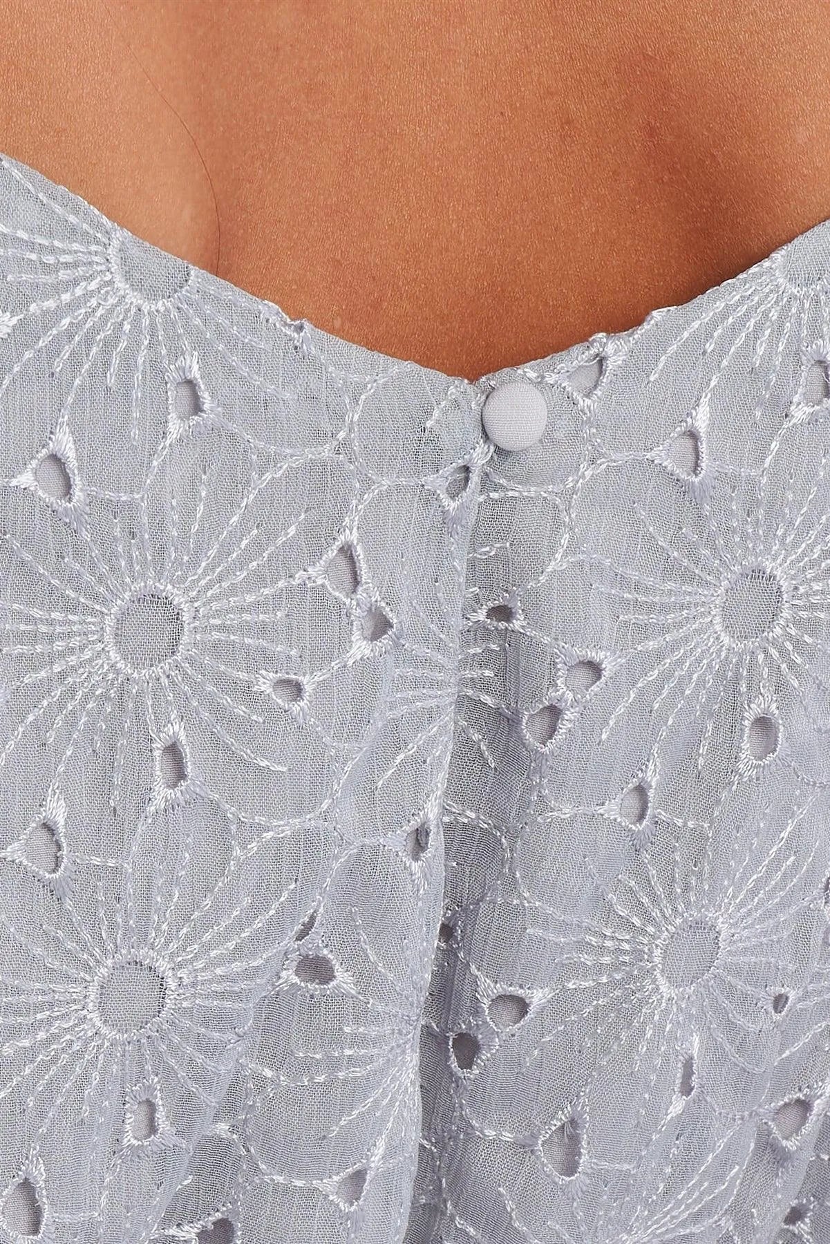 Dusty Blue Floral Crochet V-Neck Front Wrap Top with Adjustable Off-Shoulder Straps