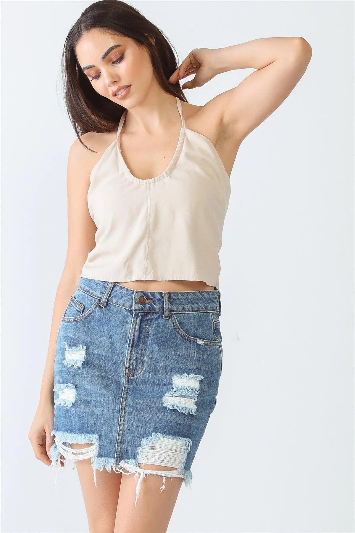 Taupe Sleeveless Halter Neck Strappy Crop Top