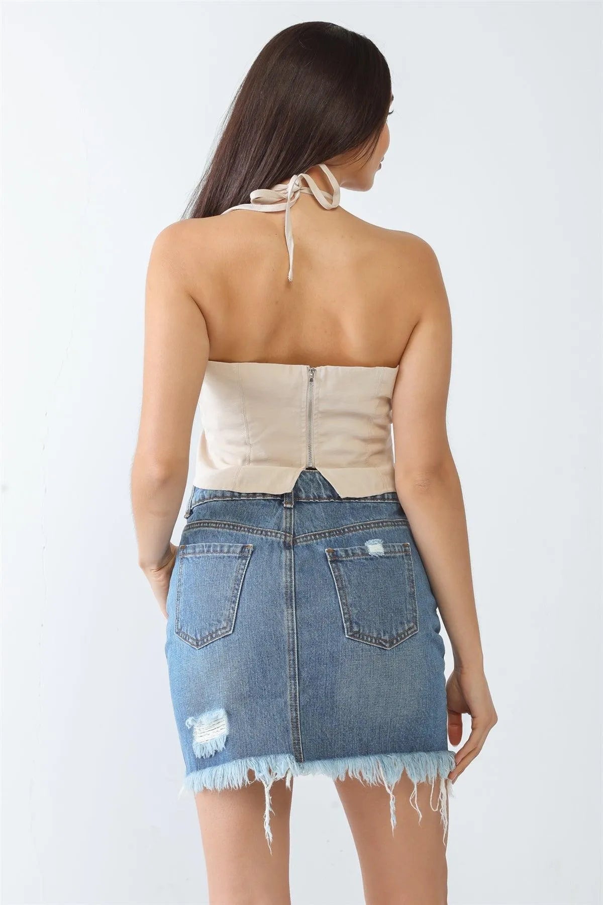 Taupe Sleeveless Halter Neck Strappy Crop Top