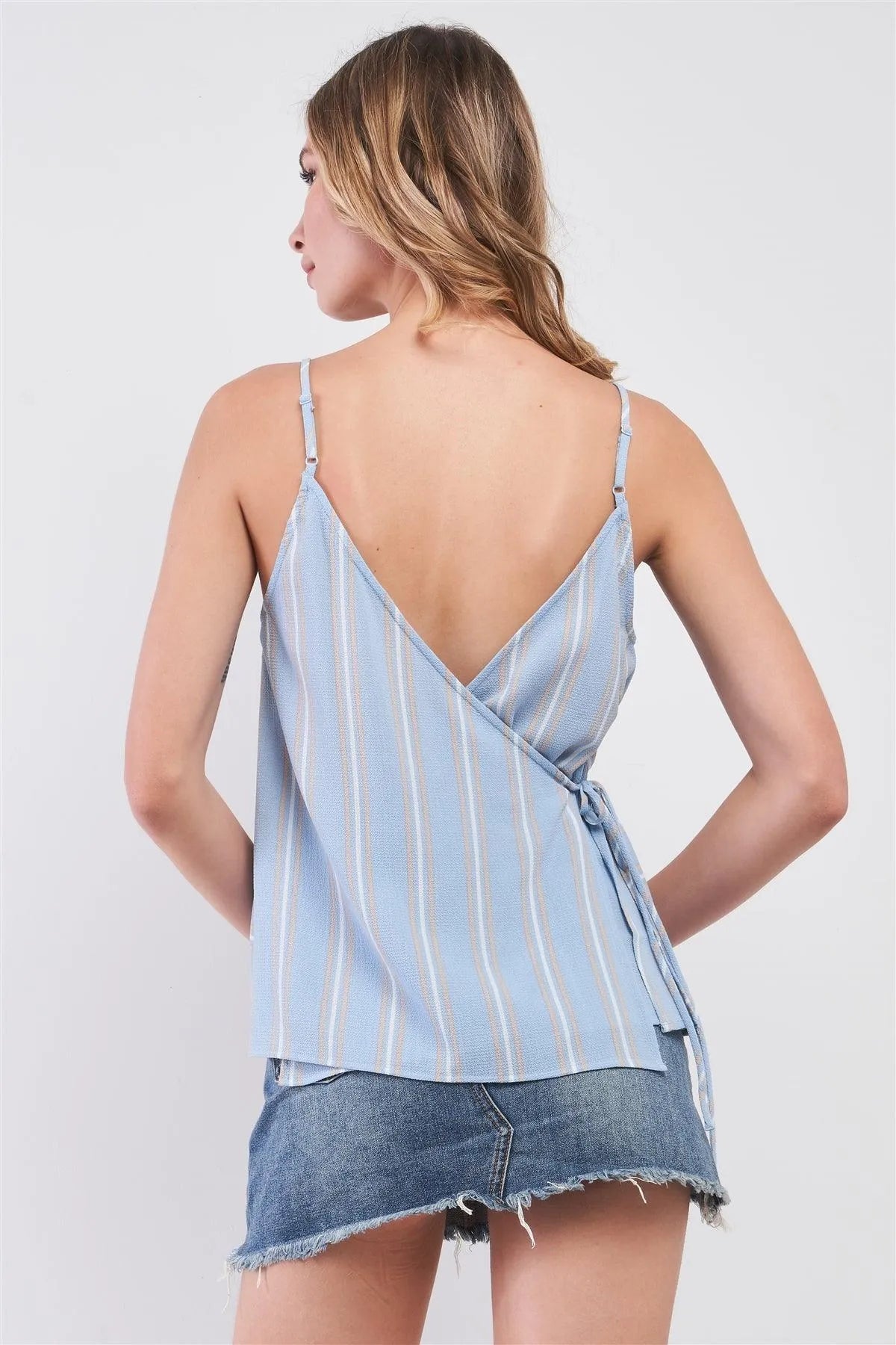 Sky Blue & White Striped V-Neck Sleeveless Crop Top with Back Tie Detail