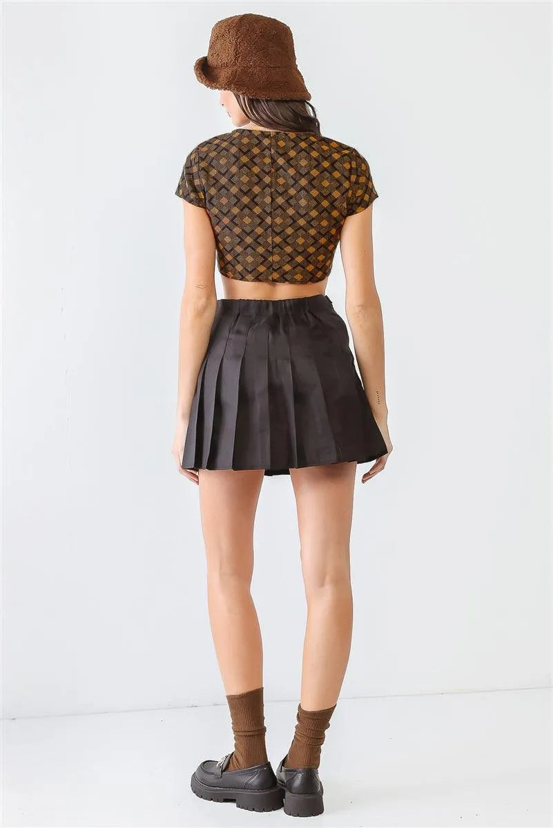 Tan & Black Diamond Print Button Short Sleeve Crop Top