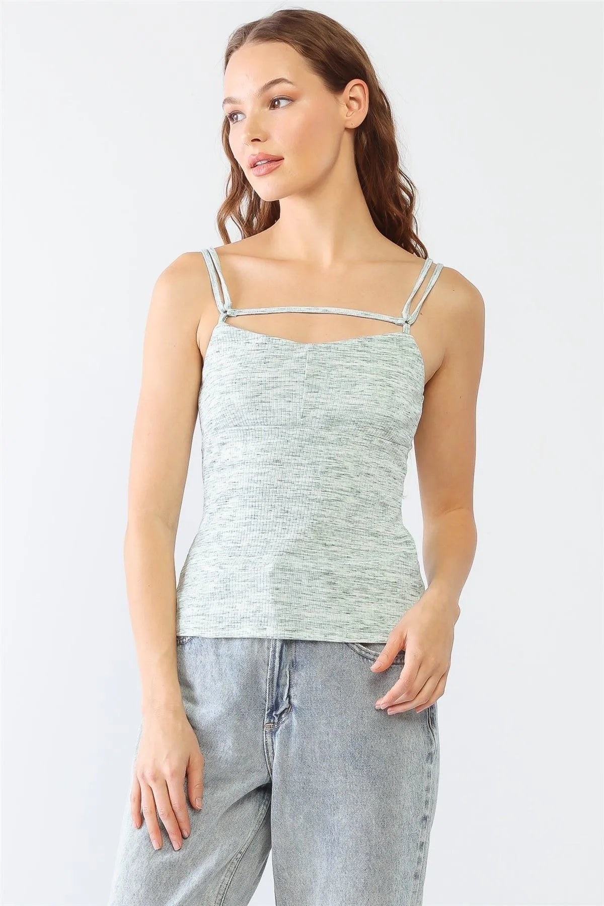 Cream & Green Scoop Neck Ribbed Strappy Top