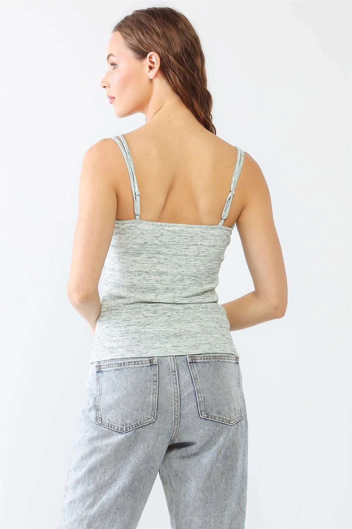 Cream & Green Scoop Neck Ribbed Strappy Top