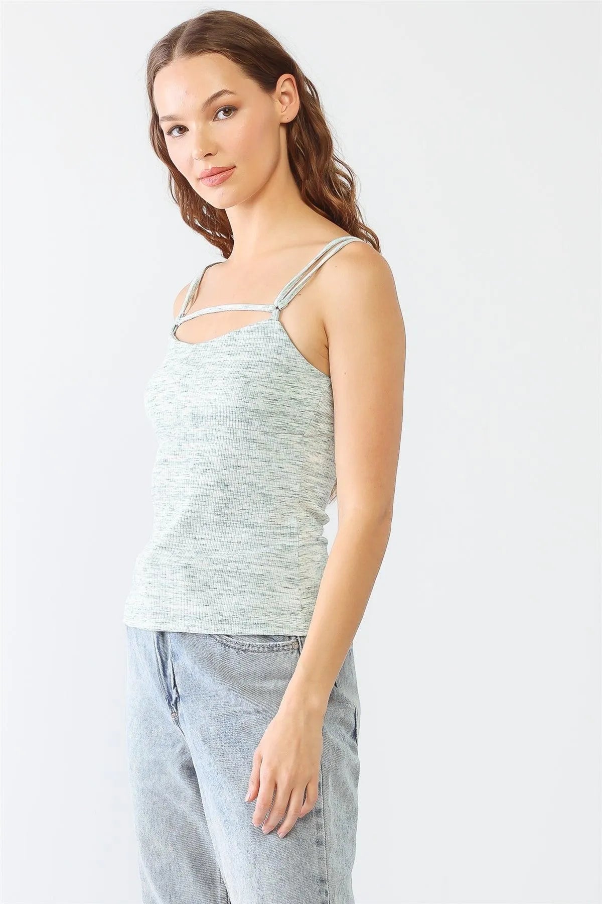 Cream & Green Scoop Neck Ribbed Strappy Top