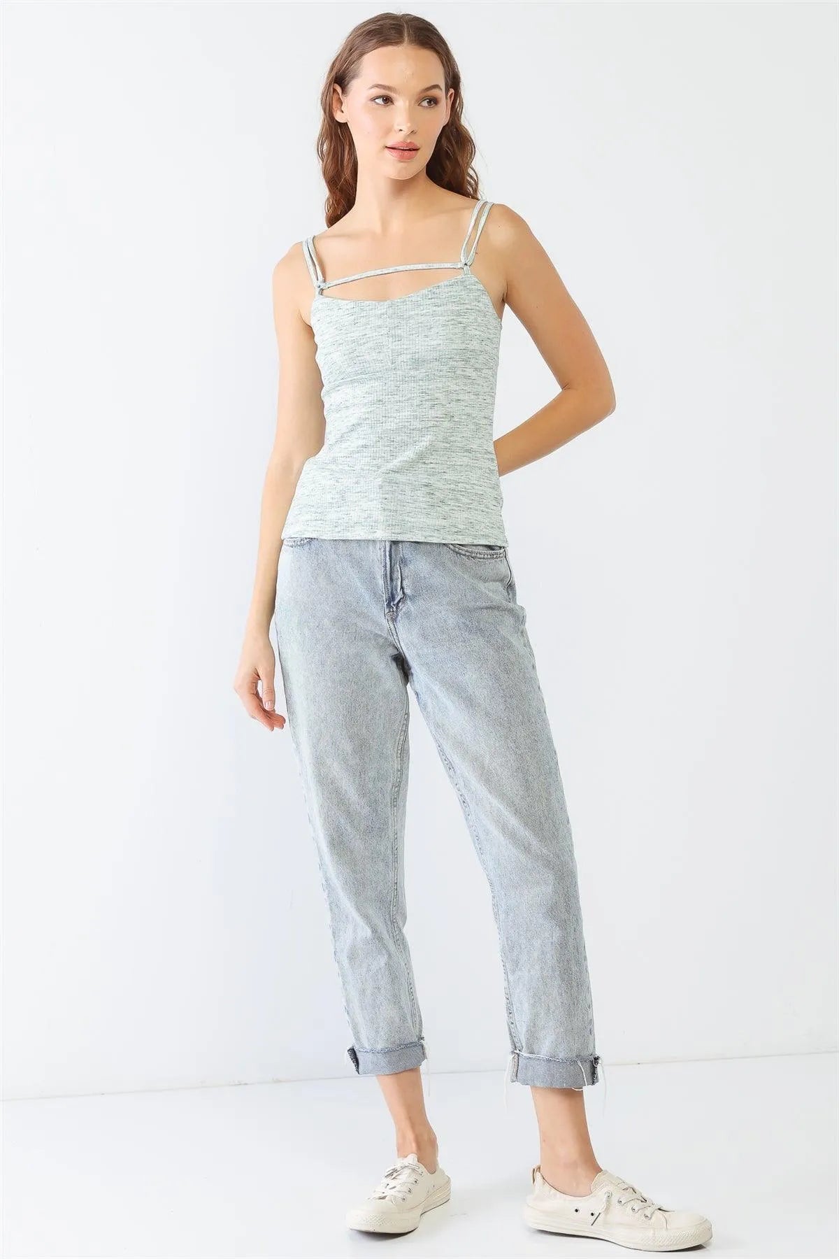Cream & Green Scoop Neck Ribbed Strappy Top