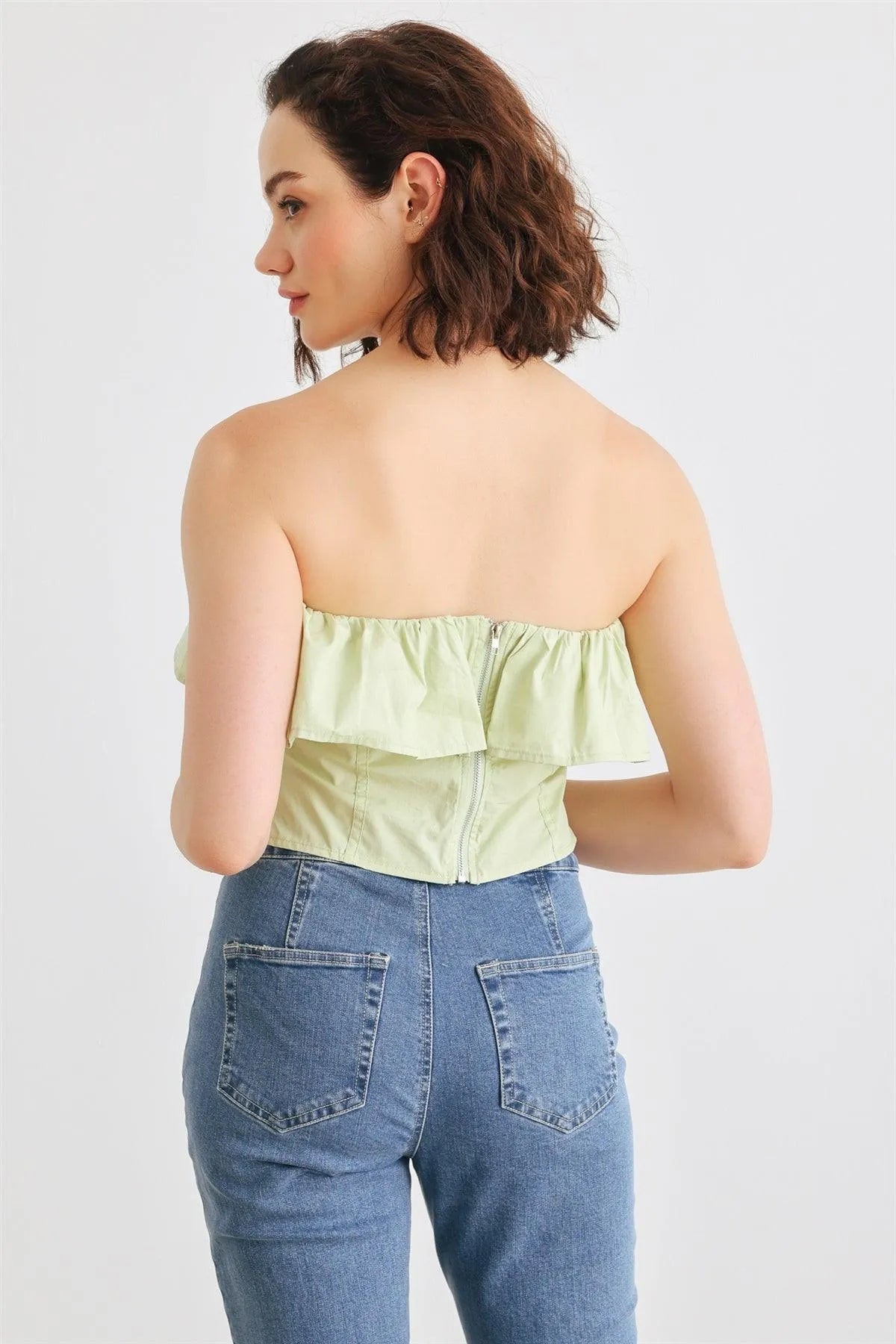 Light Green Cotton Strapless Flared Corset Tube Crop Top