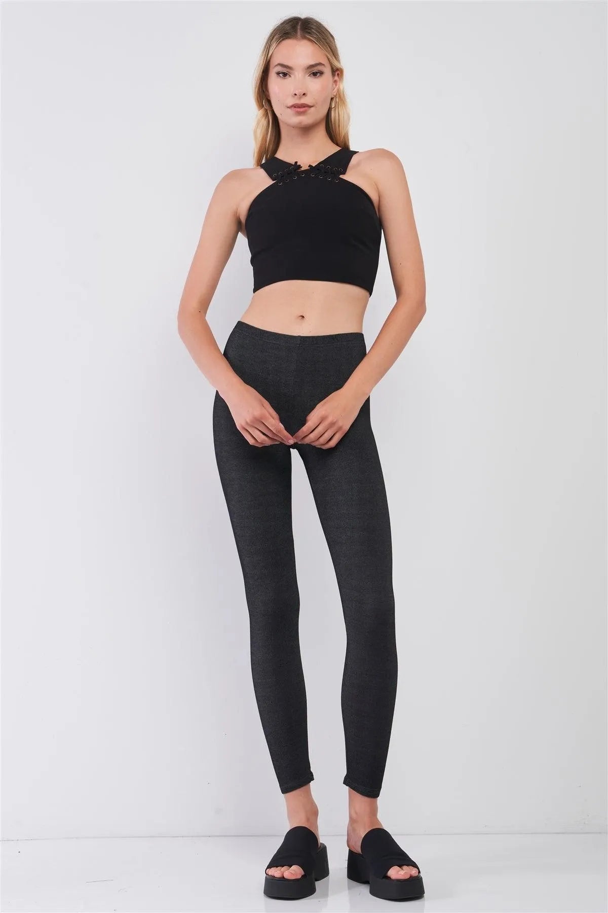 Black Lace-Up Halter Neck Sleeveless Fitted Crop Top