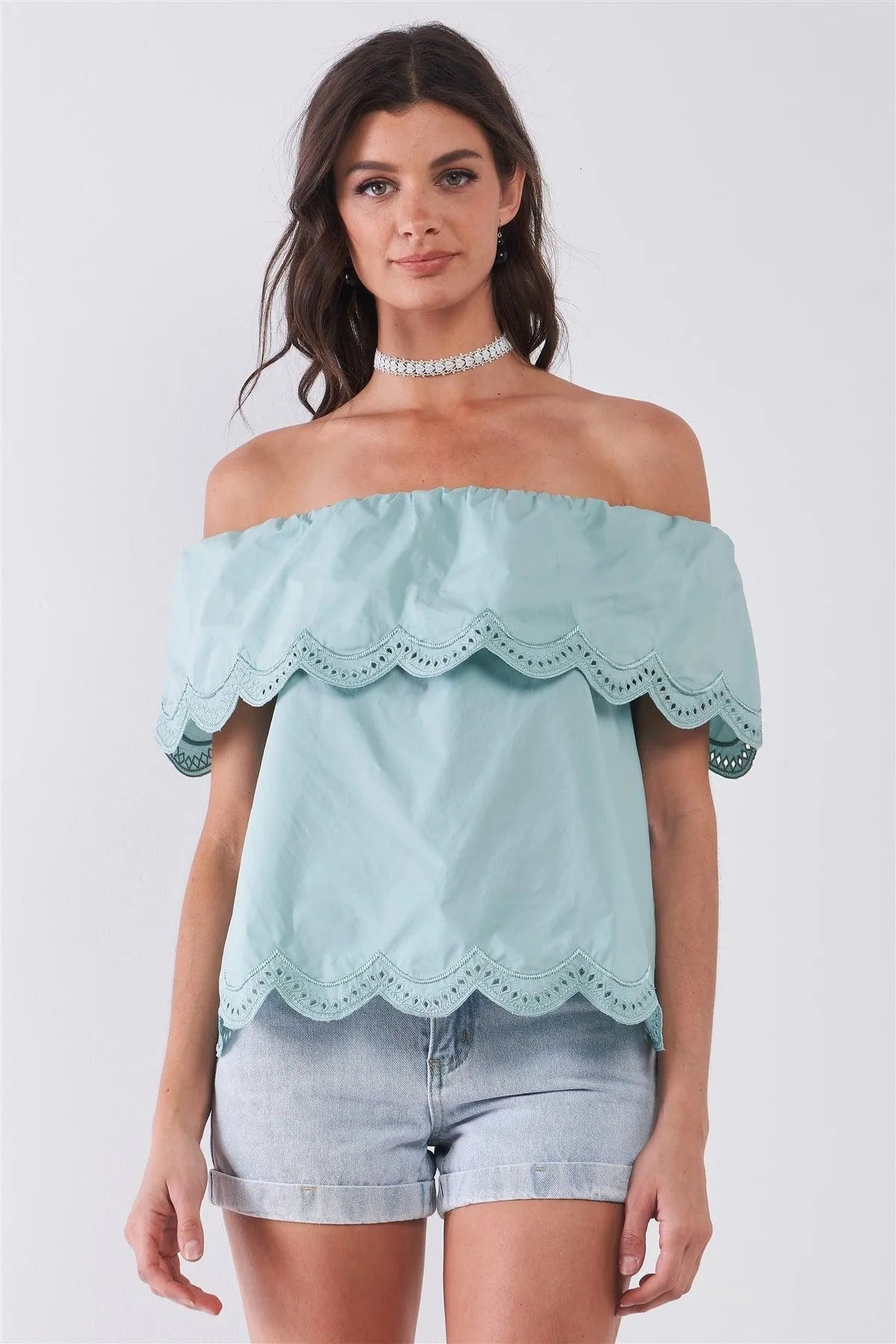 Seafoam Off-Shoulder Scallop Hem Short Sleeve Top