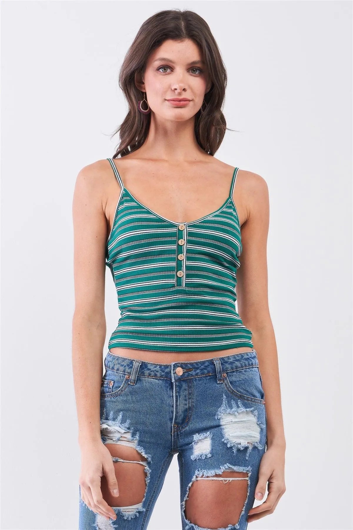 Green Striped V-Neck Sleeveless Button Crop Top