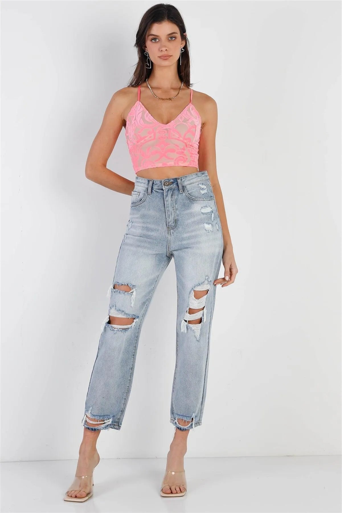 Neon Pink Mesh Velvet Cross-Back Sleeveless Crop Top.