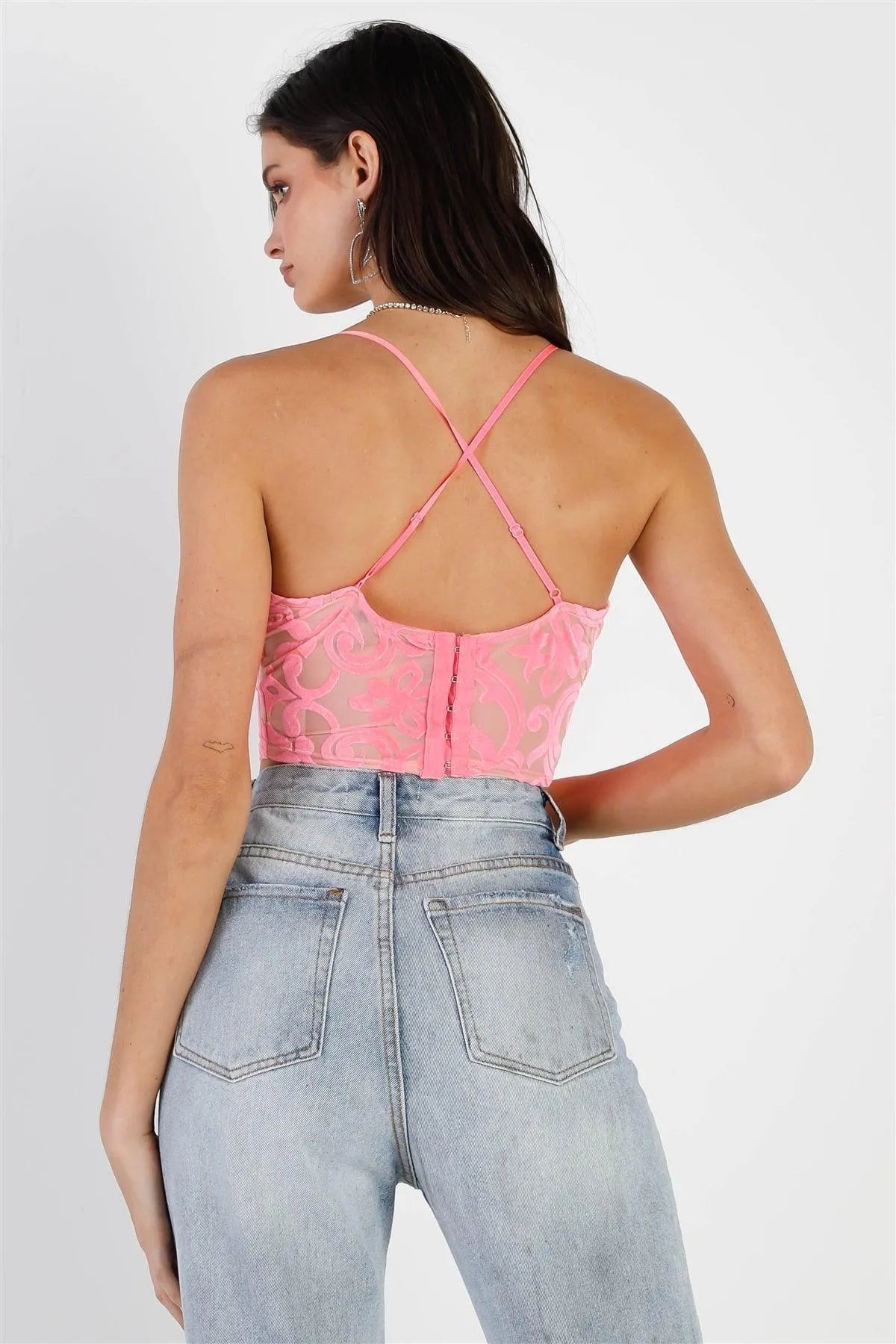 Neon Pink Mesh Velvet Cross-Back Sleeveless Crop Top.