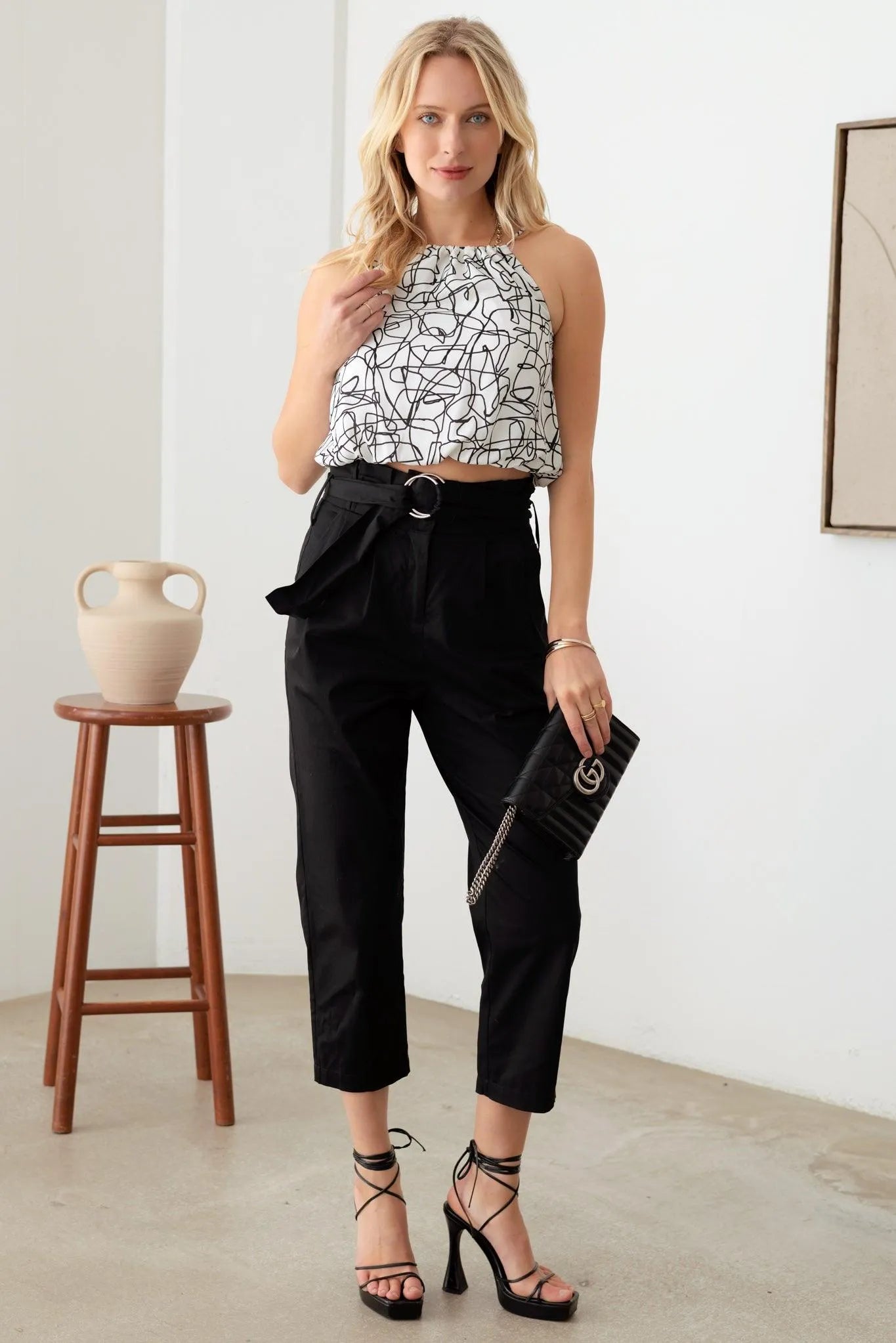 Abstract Print Ruched Halter Neck Crop Top