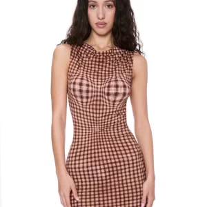 Vintage Brown Checkered Sleeveless Dress | Slim Fit Long Bodycon Dress