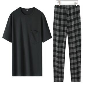 Men’s Pajama Set｜Short Sleeve T-Shirt with Pocket & Plaid Pants｜Relaxed Fit｜Two Color Options