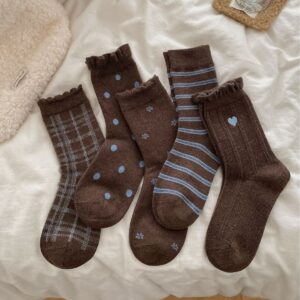 Vintage Brown Pattern Crew Sock Set | 5 Pairs | Soft & Cozy | Autumn-Winter Essentials