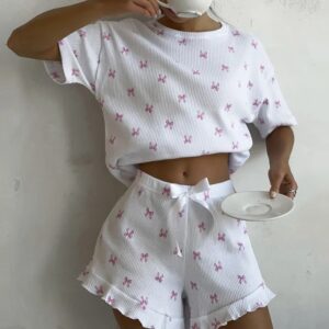 Butterfly Print Short Pajama Set | Ribbed Cotton Lounge Wear | Sweet Summer Two-Piece Set
