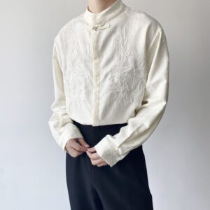 Mandarin Collar Jacquard Shirt with Bamboo Embroidery | Long Sleeve Shirt | S–XL