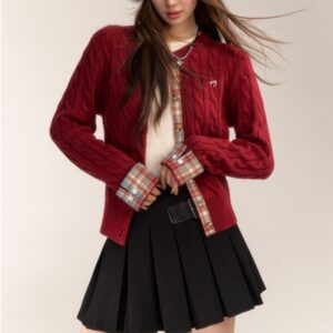 Women’s Cable Knit Cardigan | Round Neck Button-Up | Plaid Trim Detail | Slim Fit | Japanese Preppy Style