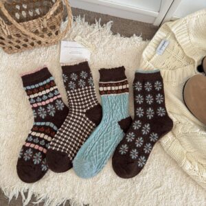 Vintage Pattern Knit Crew Socks Set | Cozy Autumn & Winter | Soft Cotton Blend
