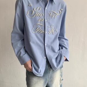 Pearl Letter Embroidered Relaxed Shirt | Long Sleeve Shirt