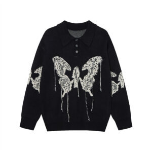 Butterfly Jacquard Polo Collar Knit Sweater – Relaxed Fit Vintage Style
