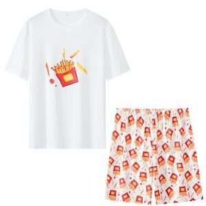 Men’s Summer Cotton Pajama Set｜Funny Fries Print T-Shirt & Elastic Waist Shorts｜Casual 2-Piece Loungewear
