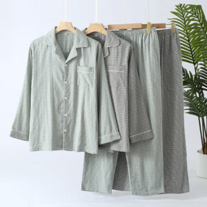 Men’s Cotton Long Sleeve Pajama Set｜Classic Plaid Button-Up Loungewear｜2-Piece Home Wear Set