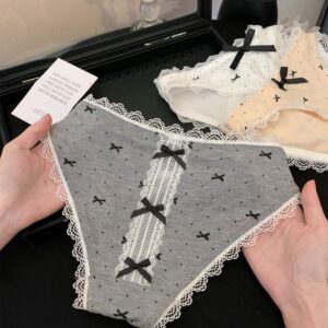 Women’s Ribbed Lace Trim Briefs | Soft Ribbed Fabric | Polka Dot & Bow Detail | Mid-Waist Comfort Fit | Everyday Sweet Style