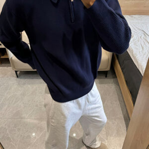 Navy Knit Polo Shirt with Half Zip | Textured Rib Knit | Relaxed Fit