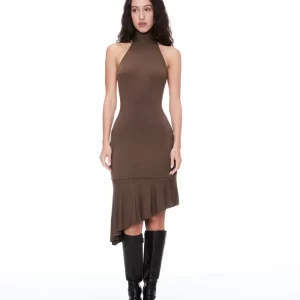 Vintage Mocha Brown Halter Backless Asymmetrical Hem Bodycon Dress