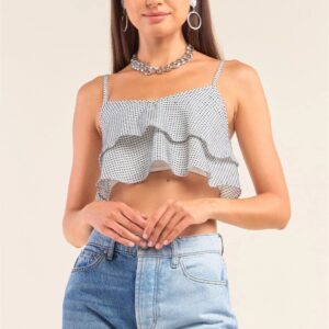 White & Navy Polka Dot V-Neck Layered Crop Cami with Smocked Back