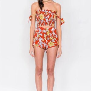 Floral Off-Shoulder Tie Crop Top & Skirt Set with Ruched Bodice and Frill Hem