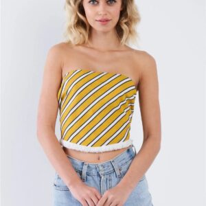 Mustard Yellow & Navy Stripe Knot-Back Crop Top
