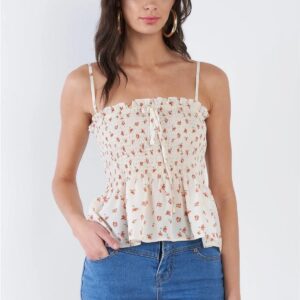 Cream Beige Square Neck Sheer Peplum Crop Top