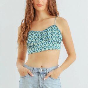 Blue & Lime Abstract Satin Crop Cami with Adjustable Tie Back