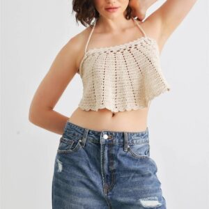 Taupe Crochet Knit Halter Neck Tie Back Crop Top