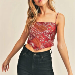 Red Bandana Print Silky Spaghetti Strap Tie-Back Crop Top