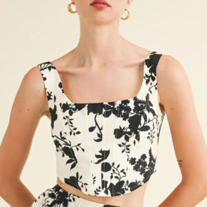 Black Floral Print Smocked Square Neck Crop Top