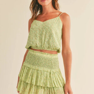 Green Floral Print Spaghetti Strap Crop Top & Tiered Mini Skirt Set
