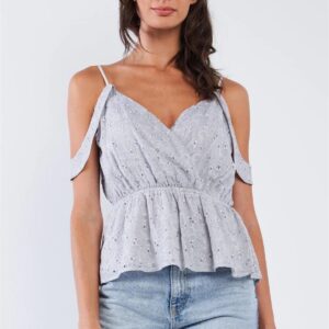Dusty Blue Floral Crochet V-Neck Front Wrap Top with Adjustable Off-Shoulder Straps