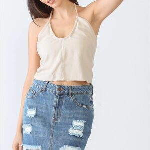 Taupe Sleeveless Halter Neck Strappy Crop Top
